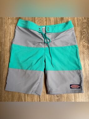 Vineyard Vines Kids Large Teal and Gray Stripe Board Shorts Swim Trunks NWOT